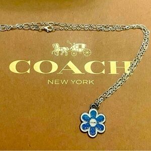 COACH Blue & Silver Enamel Flower Pendant on 0.925 Sterling Silver Necklace, EUC